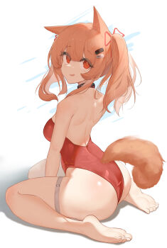 Rule 34 | 1girl, absurdres, angelina (arknights), angelina (summer flower) (arknights), animal ears, aqua collar, arknights, ass, bare back, bare shoulders, barefoot, black collar, breasts, brown hair, chinese commentary, collar, commentary request, fox ears, fox girl, fox tail, from behind, hair ornament, hair ribbon, hairclip, highleg, highleg one-piece swimsuit, highres, infection monitor (arknights), long hair, looking at viewer, medium breasts, multicolored collar, official alternate costume, one-piece swimsuit, open mouth, parallel hairclips, red eyes, red one-piece swimsuit, red ribbon, ribbon, sarea (sarea2020), see-through clothes, simple background, sitting, solo, swimsuit, tail, thigh strap, thighs, two-tone collar, wariza, white background