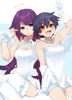 Rule 34 | 2girls, absurdres, angel, angel wings, bakemonogatari, bare shoulders, blue eyes, blue hair, breasts, cleavage, commentary, dress, gloves, halo, heart, highres, kanbaru suruga, long hair, monogatari (series), multiple girls, purple hair, senjougahara hitagi, symbol-only commentary, tsugumi (tgm 615486), v, white dress, white gloves, wings