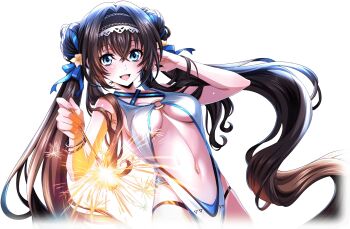 1girl black_hair blue_eyes breasts code_geass code_geass:_lost_stories f4samurai fireworks highres holding holding_fireworks long_hair looking_at_viewer maya_disel official_art one-piece_swimsuit open_mouth smile solo sparkler swimsuit twintails white_one-piece_swimsuit
