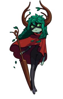 1girl adventure_time antlers colored_sclera colored_skin cosplay discount-supervillain domino_mask eye_mask full_body gloves green_eyes green_hair green_sclera green_skin hair_branch highres holding holding_weapon hollow_knight hollow_knight:_silksong hornet_(hollow_knight) hornet_(hollow_knight)_(cosplay) horns huntress_wizard leaf mask official_style plant_hair simple_background standing toon_(style) weapon