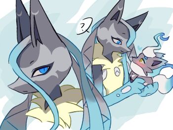 Rule 34 | ?, black fur, blue eyes, blue fur, hakai tabako, hisuian zorua, mega lucario z, multicolored fur, multiple views, nintendo, pokemon, pokemon (creature), speech bubble, yellow fur
