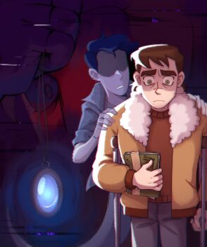 2boys absurdres blue_hair blue_skin book brown_hair colored_skin dmitry_bratsky elijah_douchnov faceless fur-trimmed_jacket fur_trim ghost green_eyes grey_pants hand_on_another's_shoulder hands_on_another's_shoulders highres holding holding_book itszhelemysh jacket male_focus mind_control multiple_boys my_student_spirit no_eyes orange_jacket pants scared shaded_face short_hair sweater teeth thick_eyebrows