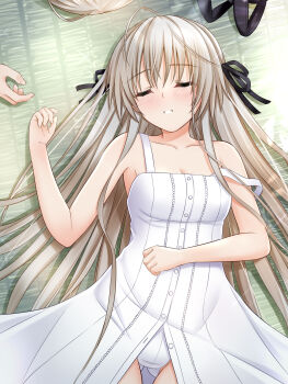 1girl black_ribbon blonde_hair breasts closed_eyes commentary_request cowboy_shot dress hair_ribbon highres kasugano_sora long_hair lying nyabe on_back parted_lips partially_unbuttoned ribbon sleeveless sleeveless_dress small_breasts solo_focus strap_slip translation_request white_dress yosuga_no_sora