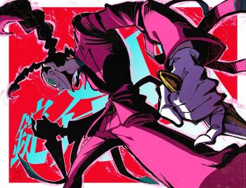 1boy black_hair border commentary_request dagger dual_wielding empty_eyes facial_hair foreshortening formal_clothes green_eyes grin head_down highres holding holding_dagger holding_knife holding_weapon jacket jouzai_(tooboe) knife kurotake_ihi legs_apart long_hair long_sleeves looking_at_viewer looking_to_the_side male_focus mustache outside_border pants pheasance_(jouzai) pink_jacket pink_pants pink_suit pinky_out profile red_background reverse_grip smile solo song_name standing suit text_background tri_braids weapon white_border