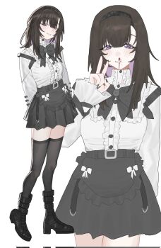 Rule 34 | 1girl, arms behind back, black boots, black bow, black hairband, black nails, black skirt, black thighhighs, blood, blush, boots, bow, brown hair, commentary, cowboy shot, english commentary, frilled shirt, frills, full body, hair between eyes, hairband, highres, izaru 31, jirai kei, multiple views, nosebleed, original, purple eyes, shirt, shirt tucked in, simple background, skirt, smile, standing, thighhighs, v, white background, white shirt