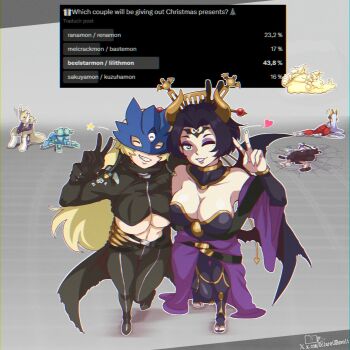 Rule 34 | 6+girls, ass, bare shoulders, bastemon, beelstarmon, black coat, black hair, black pants, black shirt, black wings, blonde hair, breasts, character name, closed eyes, coat, cropped shirt, dclaret, defeat, demon, demon girl, demon horns, demon wings, digimon, digimon (creature), eye mask, eyeshadow, facial mark, fallen angel, forehead mark, highres, horns, kuzuhamon, kuzuhamon: miko mode, kuzuhamon miko mode, large breasts, lilithmon, makeup, mark of evil, mask, meicrackmon vicious mode, multiple girls, one eye closed, open clothes, open coat, pants, poll, purple eyeshadow, purple lips, ranamon, renamon, sakuyamon, sakuyamon: miko mode, sakuyamon miko mode, sharp teeth, shirt, teeth, third eye, underboob, v, wings, yamcha pose (meme)