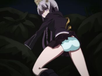 ass black_bow black_ribbon black_skirt blue_background blue_panties blush bow braid braided_ponytail knee_boots clothes_lift danganronpa:_trigger_happy_havoc danganronpa_(series) food food_on_head from_behind garbage hair_bow hair_ribbon iracco jacket kirigiri_kyoko leaning_forward legs long_hair long_sleeve_shirt long_sleeved_jacket long_sleeves looking_at_viewer looking_back noodles nose_blush object_on_head open_mouth panties pile_of_trash pleated pleated_skirt purple_eyes purple_hair purple_jacket purple_skirt ribbon shirt simple_background skirt skirt_lift standing thighs trash trash_bag turning_head underwear white_panties white_shirt zipper zipper_pull_tab