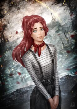 1girl belt clair_obscur:_expedition_33 french_clothes green_eyes highres kusari-ksr long_hair long_sleeves looking_at_viewer maelle_(clair_obscur:_expedition_33) neckerchief ponytail procreate_(medium) red_hair red_neckerchief scenery smile solo striped_clothes suspenders vertical-striped_clothes water