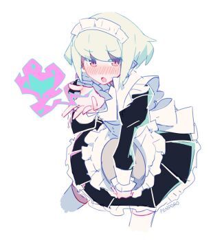 alternate_costume androgynous apron artist_name bad_source black_dress cowboy_shot crossdressing crossdressing_(mtf) dress flustered frilled_apron frilled_dress frills green_hair heart highres holding holding_tray juliet_sleeves lio_fotia long_sleeves looking_at_viewer maid maid_apron maid_headdress male_maid open_mouth penporo promare puffy_long_sleeves puffy_sleeves purple_eyes short_hair sidelocks simple_background spoken_heart trap tray white_apron white_background