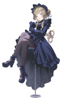 1girl absurdres bar_stool black_pantyhose blue_dress blue_eyes crossed_legs dress frilled_dress frilled_sleeves frills genshin_impact hair_bun headdress highres joykoygo lace lace_pantyhose open_mouth pantyhose sandrone_(genshin_impact) simple_background sitting solo stool white_background