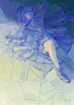 1girl absurdres ahoge ascot black_gloves blue_gemstone blue_hair blue_jacket bow buckle commentary_request covering_own_eyes crying furina_(genshin_impact) gem genshin_impact gloves hand_on_own_face highres jacket jewelry leggings long_hair lying multicolored_hair nekono0034 on_floor pleated_skirt skirt solo streaked_hair tears undershirt white_leggings wrist_cuffs