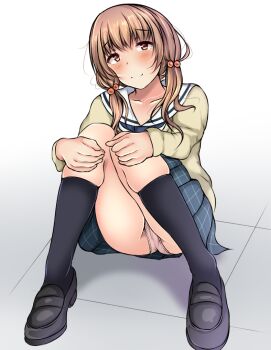 1girl black_socks blue_necktie blush brown_hair cardigan cinderella_series collarbone full_body hachigatsu_no_cinderella_nine hair_ornament hugging_own_legs loafers looking_at_viewer naoe_tayu necktie no_dickey panties pantyshot pink_panties plaid_clothes plaid_skirt red_eyes sailor_collar satogahama_school_uniform school_uniform shadow shoes simple_background sitting skirt smile socks solo tile_floor tiles twintails underwear white_background white_sailor_collar winter_(winterinkoakuma) yellow_cardigan