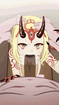 1boy 1girl animated animated_gif blonde_hair breasts claws deepthroat fate/grand_order fate_(series) fellatio female_focus hand_on_another's_head horns ibaraki_douji_(fate) medium_hair oni oral orange_eyes pushing_down size_difference small_breasts sweatdrop tagme tattoo tears tnkxxx transparent_censoring