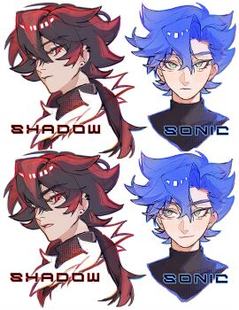 2boys black_hair blue_hair bun27_4 character_name closed_mouth cropped_shoulders ear_piercing flipped_hair green_eyes hair_between_eyes highres humanization long_hair looking_at_another looking_at_viewer male_focus multiple_boys parted_lips piercing ponytail portrait red_eyes red_hair shadow_the_hedgehog short_hair simple_background smirk sonic_(series) sonic_the_hedgehog spiked_hair straight-on white_background