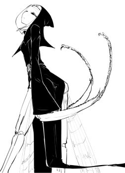 1girl arthropod_girl black_sclera colored_sclera dress female_focus greyscale hood hood_up legs_apart long_sleeves looking_at_viewer mantis monochrome monster_girl nun original parted_lips simple_background sketch solo solopipb standing white_background
