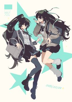Rule 34 | 2girls, aqua ribbon, bag, black boots, black hair, black shoes, black thighhighs, boots, chengnnnan, chinese commentary, closed mouth, commentary request, dual persona, food, full body, hair ribbon, high ponytail, highres, holding, holding food, hong lu (project moon), hongyuan (identity) (project moon), leg warmers, limbus company, long hair, looking at viewer, mint chocolate, multiple girls, parfait, ponytail, project moon, ribbon, school bag, shoes, smile, thighhighs, very long hair, white leg warmers