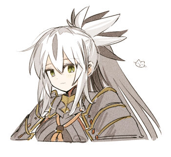 1girl armor black_hair breasts cat fate/grand_order fate_(series) green_eyes long_hair looking_at_viewer medium_breasts multicolored_hair nagao_kagetora_(fate) rizu033 shoulder_armor solo uesugi_kenshin_(first_ascension)_(fate) upper_body very_long_hair white_hair