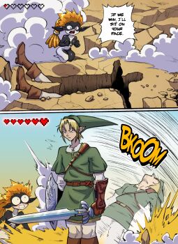 1boy 1girl :/ absurdres black_skin blue_skin blush colored_sclera colored_skin english_text fake_screenshot hetero highres holding holding_shield holding_sword holding_weapon if_we_win_i&#039;ll_sit_on_your_face_(meme) injury link long_hair looking_ahead looking_at_another meme mesiasart midna motion_lines multicolored_skin nintendo orange_hair ponytail red_eyes shield shiny_skin short_hair surprised sword the_legend_of_zelda the_legend_of_zelda:_twilight_princess two-tone_skin weapon wide_hips yellow_sclera