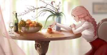1girl absurdres alcohol braid closed_mouth commentary earrings english_commentary food fruit glass grapes highres inga2ooo jewelry long_hair long_sleeves orange_(fruit) pants pink_hair red_eyes red_pants simple_background solo solo_focus sweater table vase white_background wine