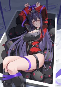 1girl :3 ahoge akuma_nihmune akuma_nihmune_(casual) belt belt_boots belt_buckle belted_jacket black_choker black_tank_top blush boots bound bound_legs bound_wrists box breasts buckle choker closed_mouth combat_boots commentary double-parted_bangs facial_mark feet_out_of_frame framed_breasts gem hair_intakes hair_ornament hands_up heart heart_facial_mark highres fake_horns indie_virtual_youtuber jacket jewelry kitatyoco knees_together_feet_apart large_breasts long_hair long_sleeves looking_at_viewer lying mole mole_under_eye multiple_belts necklace noomba_(akuma_nihmune) on_box partially_unzipped pendant purple_hair red_eyes red_gemstone red_jacket short_shorts shorts sidelighting sidelocks sleeve_belt slit_pupils solo star_(symbol) star_hair_ornament stuffed_animal stuffed_toy tank_top thigh_belt thigh_strap thighs two-sided_fabric two-sided_jacket virtual_youtuber