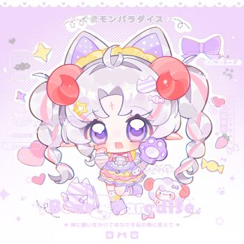 1girl :d animal_ears animal_hands antenna_hair blush cat_ears chibi chibi_only dress full_body gloves hair_intakes highres horns looking_at_viewer open_mouth original parted_bangs paw_gloves purple_dress purple_eyes purple_socks sheep_horns shoes smile socks solo standing standing_on_one_leg watermark white_shoes yikemaohetao