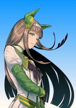 Rule 34 | 1girl, animal ears, black bow, black gloves, blue eyes, blunt bangs, blush, bow, brooch, commentary request, ear covers, gloves, green eyes, green sailor collar, green sleeves, hair ornament, hairband, highres, hime cut, horse ears, horse girl, jewelry, long hair, long sleeves, oki (koi0koi), orange hair, parted lips, sailor collar, shirt, silence suzuka (innocent silence) (umamusume), silence suzuka (umamusume), skirt, smile, solo, umamusume, upper body, white hairband, white shirt, white skirt