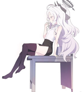 1girl ahoge arm_support armpit_peek bare_arms bare_shoulders black_halo black_horns black_ribbon black_skirt black_thighhighs blue_archive closed_mouth clothing_cutout collared_shirt commentary demon_girl demon_horns desk duplicate feet forehead from_side hair_ribbon half_updo halo hand_up highres hina_(blue_archive) hip_vent holding holding_own_hair horns loli long_hair looking_afar multicolored_halo no_shoes no_wings on_desk parted_bangs pencil_skirt playing_with_own_hair profile purple_eyes ribbon s10021 shirt shirt_tucked_in side_slit sidelocks simple_background sitting skirt sleeveless sleeveless_shirt solo thighhighs toes two-tone_halo very_long_hair wavy_hair white_background white_hair white_shirt zettai_ryouiki