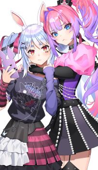 2girls absurdres animal_ears arm_around_neck arm_warmers asymmetrical_clothes black_bow black_choker black_nails black_shirt black_skirt blue_eyes blue_hair bow cellphone center-flap_bangs choker closed_mouth commentary_request frilled_skirt frills gashino hair_bow hair_intakes hair_ornament high_ponytail highres holding holding_another's_arm holding_phone hololive hololive_dev_is kikirara_vivi kikirara_vivi_(flowglow_uniform) layered_skirt light_frown long_hair looking_at_viewer mark_under_eye multicolored_hair multicolored_nails multicolored_skirt multiple_girls nail_polish official_alternate_costume official_alternate_hairstyle phone pink_hair plaid_clothes plaid_skirt ponytail pout print_shirt purple_hair purple_nails purple_shirt rabbit-shaped_pupils rabbit_ears rabbit_girl rabbit_o-ring red_arm_warmers red_bow red_eyes red_nails red_skirt shirt short_eyebrows side-by-side single_arm_warmer skirt small_sweatdrop spiked_choker spikes striped_arm_warmers symbol-shaped_pupils thick_eyebrows thighhighs twintails usada_pekora usada_pekora_(punk_angel) virtual_youtuber white_background white_skirt