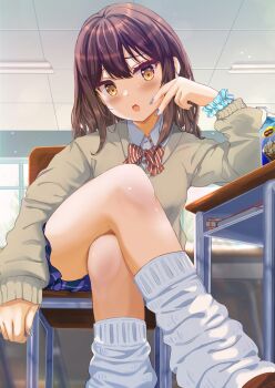 1girl :o blue_nails blush bow bowtie breasts brown_cardigan brown_hair brown_shoes cardigan chair classroom collared_shirt commentary_request desk diagonal-striped_bow diagonal-striped_bowtie diagonal-striped_clothes dress_shirt drink_carton drinking_straw feet_out_of_frame fluorescent_lamp fushimi_asuha gyaru highres indoors loafers long_sleeves looking_at_viewer loose_socks medium_breasts milk_carton miniskirt nail_polish on_chair open_mouth orange_bow orange_bowtie original pencil_case plaid_clothes plaid_skirt pleated_skirt purple_skirt school_chair school_desk school_uniform shirt shoes single_sleeve_past_wrist sitting skirt socks solo striped_bow striped_bowtie striped_clothes teeth thighs upper_teeth_only white_shirt white_socks yellow_eyes