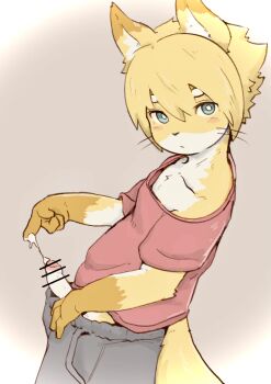 1boy animal_ears bar_censor blonde_hair blue_eyes blush_stickers body_fur bright_pupils cat_boy cat_ears cat_tail censored cum cum_on_body cum_on_hands cum_string erection furry furry_male grey_background grey_pants highres kurokiriririri male_focus multicolored_fur original pants penis penis_out red_shirt shirt short_hair shota solo sweatpants tail webp-to-png_conversion whiskers white_pupils