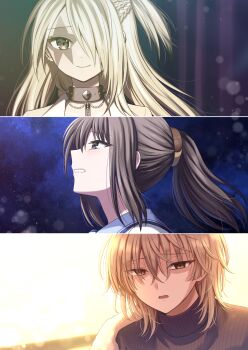 1boy 2girls angel_beats! blonde_hair blue_sailor_collar braid brown_eyes brown_hair brown_jacket brown_sweater character_request check_character closed_mouth emily_(angel_beats!) facial_mark hair_over_one_eye highres hisako_(angel_beats!) jacket kirisaki_(angel_beats!) long_hair multiple_girls nakamura_hinato parted_lips ponytail ribbed_sweater sailor_collar school_uniform serafuku shirt smile star_(symbol) sweater turtleneck turtleneck_sweater white_shirt