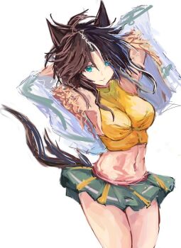 1girl animal_ears belt blue_eyes breasts brown_hair closed_mouth crop_top cropped_jacket fur-trimmed_jacket fur_trim green_skirt horse_ears horse_girl horse_tail jacket large_breasts long_hair long_sleeves looking_at_viewer mejiro_palmer_(line_breakthrough)_(umamusume) mejiro_palmer_(umamusume) midriff multicolored_hair navel pink_belt ponytail shirt simple_background skirt sleeveless sleeveless_shirt smile streaked_hair tail umamusume white_background white_hair white_jacket yanagi_wakana yellow_shirt