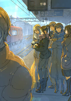 2boys 4girls boots cellphone coat crossed_arms fur-trimmed_coat fur_trim hair_between_eyes high_heel_boots high_heels highres holding holding_phone jacket long_hair long_skirt looking_at_phone multiple_boys multiple_girls original phone ponytail railroad_tracks scarf short_hair skirt smartphone standing supe_(yuusyasupepen) train train_station_platform winter