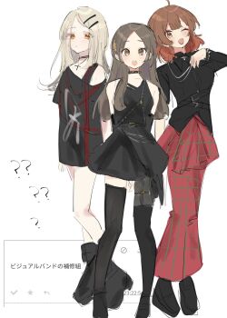 3girls ? ahoge arms_behind_back belt black_belt black_boots black_choker black_dress black_shirt black_shoes black_thighhighs blonde_hair blush boots brown_hair choker collared_shirt colored_eyelashes commentary_request cross cross_necklace dress fan_request flipped_hair full_body gakuen_idolmaster goth_fashion hair_ornament hairclip hanami_ume hand_on_own_chest highres idolmaster jewelry kuramoto_china latin_cross laurels leaf_hair_ornament long_hair long_skirt looking_at_viewer medium_hair multiple_girls necklace odaibako one_eye_closed open_mouth orange_eyes parallel_hairclips parted_bangs parted_lips red_skirt request_inset ruo_015 shinosawa_hiro shirt shoes short_dress single_off_shoulder skirt sleeveless sleeveless_dress standing t-shirt thighhighs translation_request white_background