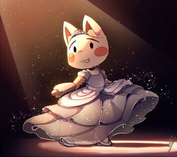 1boy :3 alternate_costume animal_ears blue_dress blue_shoes blush_stickers cat_boy cat_ears commentary crossdressing crossdressing_(mtf) doko_demo_issyo dress elbow_gloves frilled_dress frills full_body furry furry_male gloves highres inoue_toro long_dress male_focus open_mouth shoes signature smile solid_oval_eyes solo spotlight standing symbol-only_commentary tiara white_fur white_gloves wolfaroon