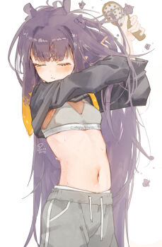 1girl absurdres armpits breasts brushing_hair brushing_own_hair calvin_klein chocosong closed_eyes closed_mouth commentary_request gradient_hair grey_pants grey_sports_bra hair_brush highres holding holding_hair_brush hololive hololive_english long_hair messy_hair multicolored_hair navel ninomae_ina&#039;nis orange_hair pants purple_hair small_breasts solo sports_bra sweat sweatpants takodachi_(ninomae_ina&#039;nis) tentacle_hair very_long_hair virtual_youtuber white_background