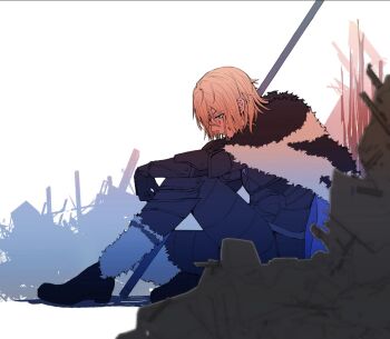 1boy arm_on_knee armor bilingual_commentary black_fur black_gloves blonde_hair blood blood_on_face blue_cape blue_eyes boots breastplate cape commentary commentary_request dimitri_alexandre_blaiddyd dimitri_alexandre_blaiddyd_(timeskip) english_commentary faulds fire_emblem fire_emblem:_three_houses fur-trimmed_boots fur_trim gloves hair_behind_ear male_focus mixed-language_commentary nintendo ootuk polearm rubble sitting solo weapon white_fur