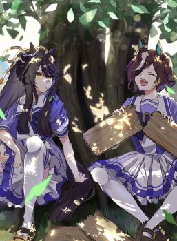 2girls absurdres animal_ears bandaid bandaid_on_face bandaid_on_nose black_hair blonde_hair blunt_tresses bow bowtie broken_fence brown_hair brown_shoes closed_eyes collarbone commentary_request dappled_sunlight ear_ornament eyepatch eyes_visible_through_hair hand_on_own_tail highres holding horse_ears horse_girl horse_tail indian_style loafers long_hair mouth_hold multicolored_hair multiple_girls naegi_happy narita_brian_(umamusume) on_grass open_mouth outdoors pleated_skirt ponytail puffy_short_sleeves puffy_sleeves purple_bow purple_bowtie purple_hair purple_shirt rope sailor_collar sailor_shirt school_uniform shimenawa shirt shoes short_hair short_sleeves sidelocks sitting skirt stalk_in_mouth summer_uniform sunlight tail tanino_gimlet_(umamusume) thighhighs tracen_school_uniform translation_request tree tsurime umamusume under_tree white_sailor_collar white_skirt white_thighhighs yellow_eyes