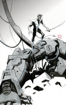 Rule 34 | 1boy, full body, gloves, greyscale, holding, holding sword, holding weapon, male focus, marvel, monochrome, nightcrawler, power cord, robot, saber (weapon), solo, stephen green, sword, weapon, x-men