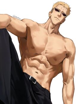 Rule 34 | abs, absurdres, arm on knee, bara, belt, belt buckle, black belt, black pants, blonde hair, broad shoulders, buckle, closed mouth, collarbone, dated commentary, donquixote doflamingo, highres, navel, nipples, one piece, pants, pectorals, shihoritsu, short hair, simple background, sunglasses, topless male, twitter username, veins, veiny arms, very short hair, white background