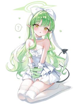 1girl ? absurdres alternate_costume bare_shoulders black_tail blue_archive bound bow breasts commentary_request demon_tail dress full_body green_hair green_halo green_skirt hair_bow halo hat highres hikari_(blue_archive) long_hair looking_at_viewer mii_ee2 no_shoes open_mouth pantyhose peaked_cap pointy_ears simple_background sitting skirt sleeveless sleeveless_dress small_breasts solo speech_bubble tail thighhighs tied_up_(nonsexual) twintails very_long_hair wariza white_background white_bow white_dress white_pantyhose white_thighhighs yellow_eyes