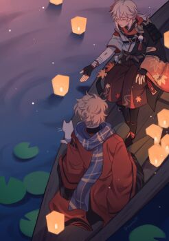 2boys armor bandaged_arm bandaged_hand bandages black_gloves black_scarf blonde_hair blue_scarf boat brown_shorts candle cat closed_eyes coat commentary crossed_bangs facing_away fingerless_gloves from_above from_behind genshin_impact gloves grey_pants hair_between_eyes haori high_ponytail highres japanese_armor japanese_clothes kaedehara_kazuha kazuha's_friend_(genshin_impact) kimono kuro_lee lantern leaf_print lily_pad long_sleeves low_ponytail male_focus maple_leaf_print medium_hair multicolored_hair multiple_boys night open_mouth outdoors pants pom_pom_(clothes) ponytail red_coat red_hair red_scarf scarf short_sleeves shorts shoulder_armor single_sode sitting smile sode streaked_hair symbol-only_commentary tassel water watercraft white_cat white_hair white_kimono wide_sleeves