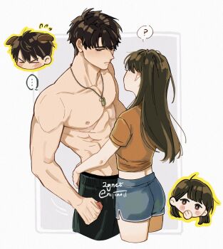 &gt;_&lt; ... ? animal_ears black_shorts blue_shorts blush blush_stickers brown_eyes brown_hair caleb_(love_and_deepspace) chibi chibi_inset couple cowboy_shot cropped_legs dog_ears dog_tags hair_between_eyes half-closed_eyes hand_in_pocket hand_to_own_mouth hetero highres kemonomimi_mode long_hair looking_at_another love_and_deepspace midriff muscular muscular_male nijinoji orange_shirt parted_lips protagonist_(love_and_deepspace) shirt short_hair shorts spoken_ellipsis spoken_question_mark topless_male