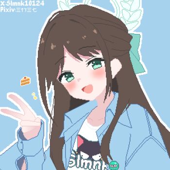 1girl :d absurdres airi_(band)_(blue_archive) airi_(blue_archive) aqua_eyes blue_archive blue_background blue_halo blue_jacket blush brown_hair cake cake_slice food halo hand_up hashtag-only_commentary highres jacket long_hair long_sleeves looking_at_viewer official_alternate_costume open_mouth outline parted_bangs pixel_art portrait shirt simple_background slmnk10124 smile solo v white_outline white_shirt