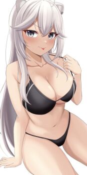 1girl ahoge animal_ear_piercing animal_ears arm_support bikini black_bikini blush breasts cleavage closed_mouth collarbone commentary_request cowboy_shot grey_eyes grey_hair hair_between_eyes hololive invisible_chair large_breasts lion_ears lion_girl long_hair looking_at_viewer navel ramkilog shishiro_botan simple_background sitting solo strap_pull swimsuit thighs tongue tongue_out very_long_hair virtual_youtuber white_background