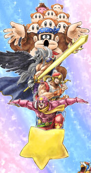 armor bandana bandana_waddle_dee bandana_waddle_dee_(cosplay) blonde_hair blue_bandana blue_eyes blush_stickers captain_falcon copy_ability cosplay donkey_kong donkey_kong_(cosplay) donkey_kong_(series) f-zero fatal_fury final_fantasy final_fantasy_vii fingerless_gloves galaxia_(sword) gloves gorilla helmet highres holding holding_sword holding_weapon kicdon king_dedede king_dedede_(cosplay) kirby kirby's_return_to_dream_land kirby_(cosplay) kirby_(series) male_focus mask meta_knight meta_knight_(cosplay) nintendo open_mouth pauldrons pink_helmet pom_pom_(clothes) scarf sephiroth shoulder_armor single_pauldron sparkle star_(symbol) super_smash_bros. sword terry_bogard toned toned_male waddle_dee warp_star weapon yellow_scarf