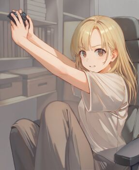 1girl black_pants blonde_hair blush brown_eyes chair commentary_request controller ellell915 eyelashes feet_out_of_frame game_controller hair_behind_ear hair_between_eyes highres holding holding_controller holding_game_controller indoors knees_up long_hair looking_at_viewer office_chair on_chair original outstretched_arms pants romaji_commentary shirt short_sleeves sitting solo straight_hair swivel_chair t-shirt tareme v-shaped_eyebrows white_shirt wide_sleeves