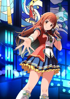 1girl absurdres black_necktie blue_skirt breasts brown_eyes brown_hair closed_mouth concert crown floating_hair highres holding holding_microphone idol idolmaster idolmaster_million_live! idolmaster_million_live!_theater_days jacket jewelry long_hair looking_at_viewer microphone mini_crown necktie official_alternate_costume outstretched_arm pleated_skirt print_necktie red_jacket ring shiny_trinity_(idolmaster) short_sleeves skirt smile solo stage standing tanaka_kotoha wrist_cuffs yukipo_p