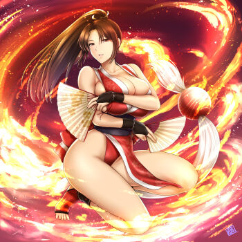 1girl arm_guards bare_legs breasts brown_eyes brown_hair fatal_fury fire folded_fan folding_fan hand_fan high_ponytail higher_resolution_available highres holding holding_fan huge_breasts kneeling light_smile long_hair looking_at_viewer ninja no_bra pelvic_curtain ponytail revealing_clothes shiranui_mai sideboob snk solo st.germain-sal street_fighter street_fighter_6 the_king_of_fighters toes very_long_hair