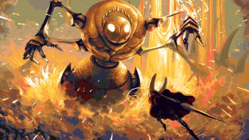 1girl absurdres arthropod_girl black_skin boss_fight cloak colored_skin commentary empty_eyes english_commentary fourth_chorus_(hollow_knight) from_behind giant glowing glowing_eyes hby_stuff highres holding holding_weapon hollow_knight hollow_knight:_silksong horned_mask hornet_(hollow_knight) horns looking_at_another mask mecha needle_(hollow_knight) no_humans no_mouth pixel_art red_cloak robot standing weapon white_mask